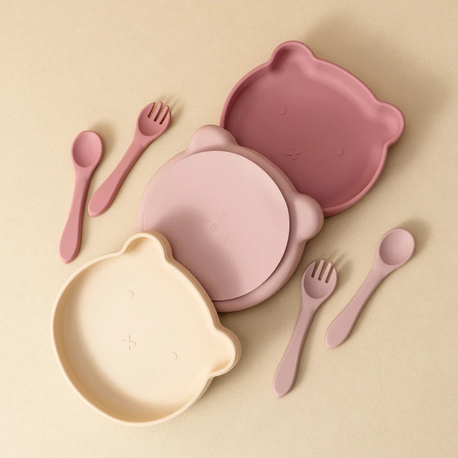 3PCS Silicone Baby Tableware Snack Dishes Soft Spoon Fork Cartoon Bear Plate Solid Color Baby Food Storage Suction Lunch Box