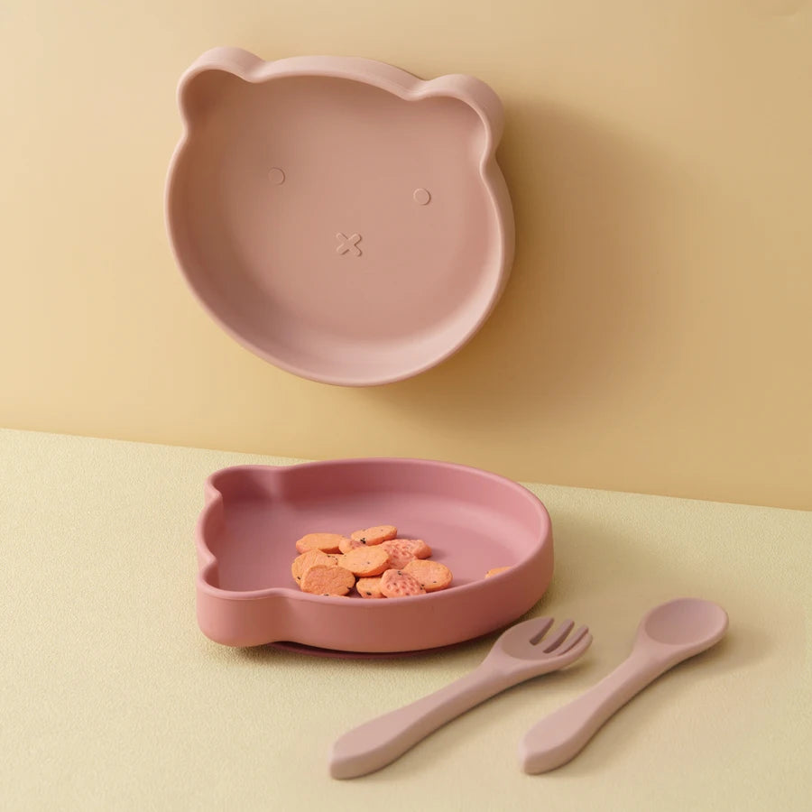 3PCS Silicone Baby Tableware Snack Dishes Soft Spoon Fork Cartoon Bear Plate Solid Color Baby Food Storage Suction Lunch Box