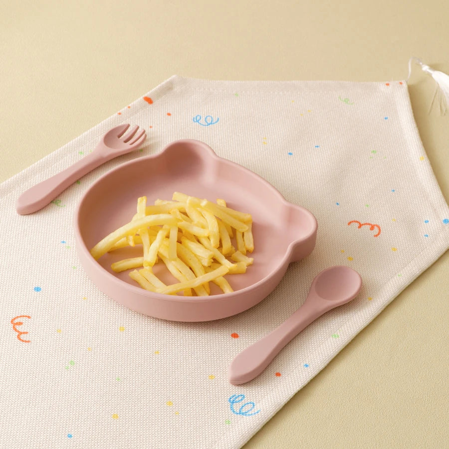 3PCS Silicone Baby Tableware Snack Dishes Soft Spoon Fork Cartoon Bear Plate Solid Color Baby Food Storage Suction Lunch Box