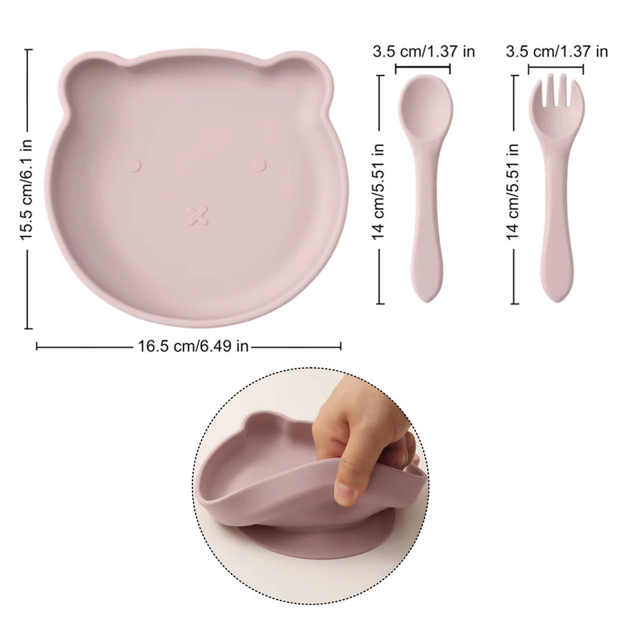 3PCS Silicone Baby Tableware Snack Dishes Soft Spoon Fork Cartoon Bear Plate Solid Color Baby Food Storage Suction Lunch Box